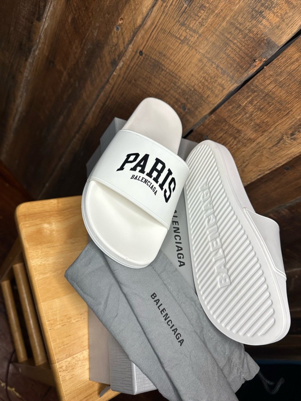 Balenciaga White Slides with Black 'PARIS' Logo
